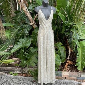 GB silver sequin cross back wide leg jumpsuit